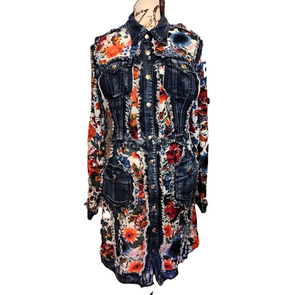ADORE Distressed Denim Floral Duster Jacket Dress Artsy Boho Western Large EUC